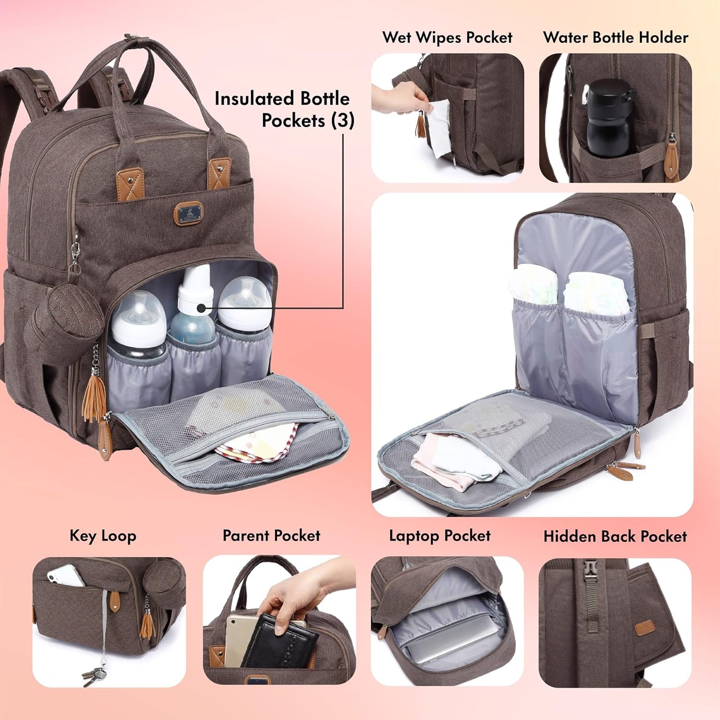 Diaper Bag Backpack with Portable Changing Pad, Pacifier Case and Stroller Straps, Large Unisex Baby Bags for Boys Girls, Multipurpose Travel Back Pack Moms Dads, Brown