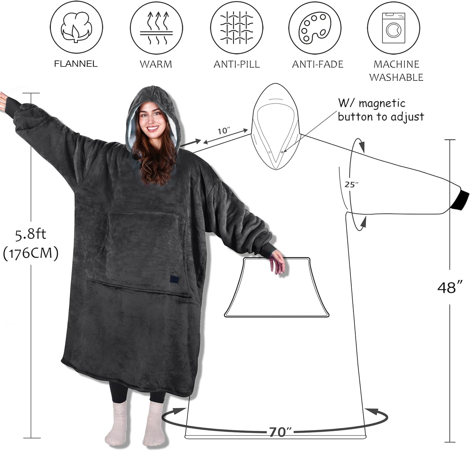 Extra Long Oversized Hoodie Blanket Sweatshirt Comfortable Sherpa Giant Wearable Blankets Christmas Gifts for Adults Men Women Teenagers Wife Girlfriend Grey